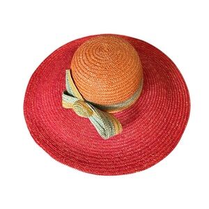 80’s Liz Claiborne Orange Multi Bow Detail Straw Sun Hat Made in Italy Size OS